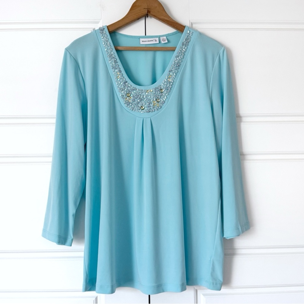 Susan Graver Beaded Liquid Knit Tunic Top Large Blue Jewels Stretch Casual Glam